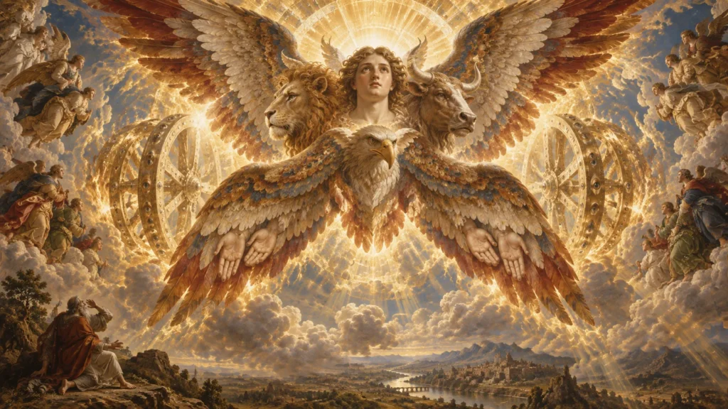 Coleção “Anjos”: Hierarquia Celeste e os 9 Coros Angelicais 8 Querubins de quatro faces e quatro asas na visão do profeta Ezequiel