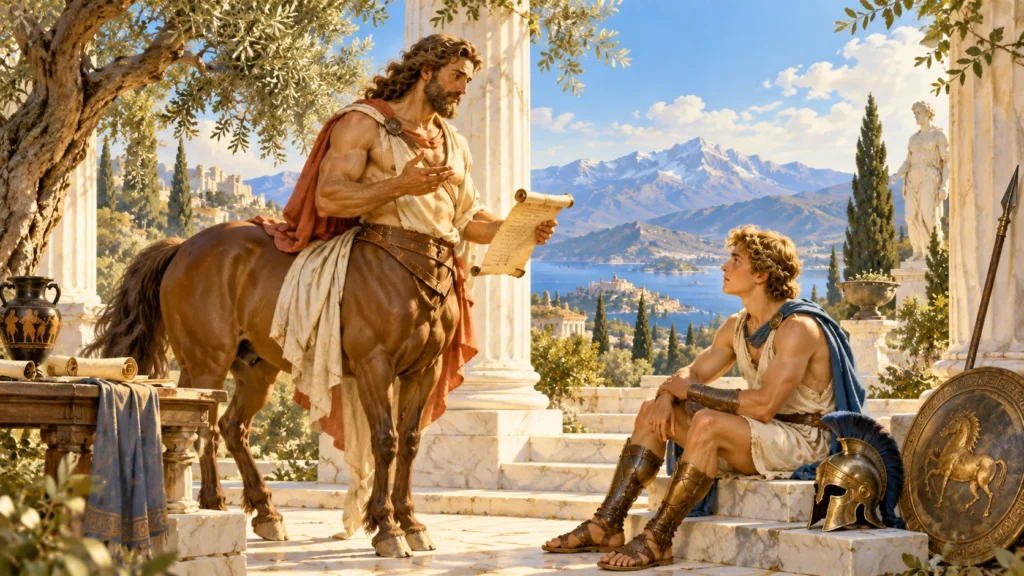 Centauro Quíron ensinando Aquiles em cenário inspirado na Grécia Antiga.