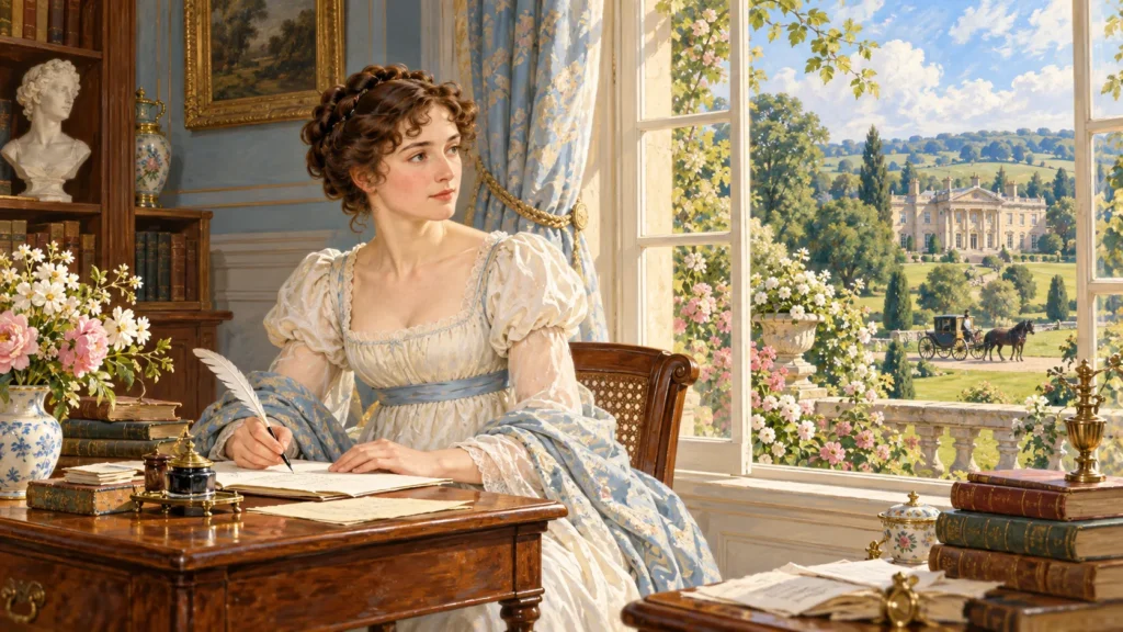 Livro "Orgulho e Preconceito": O Que Jane Austen Nos Ensina Sobre Amor e Julgamentos 3 Jane Austen escrevendo Orgulho e Preconceito na Inglaterra do século XIX