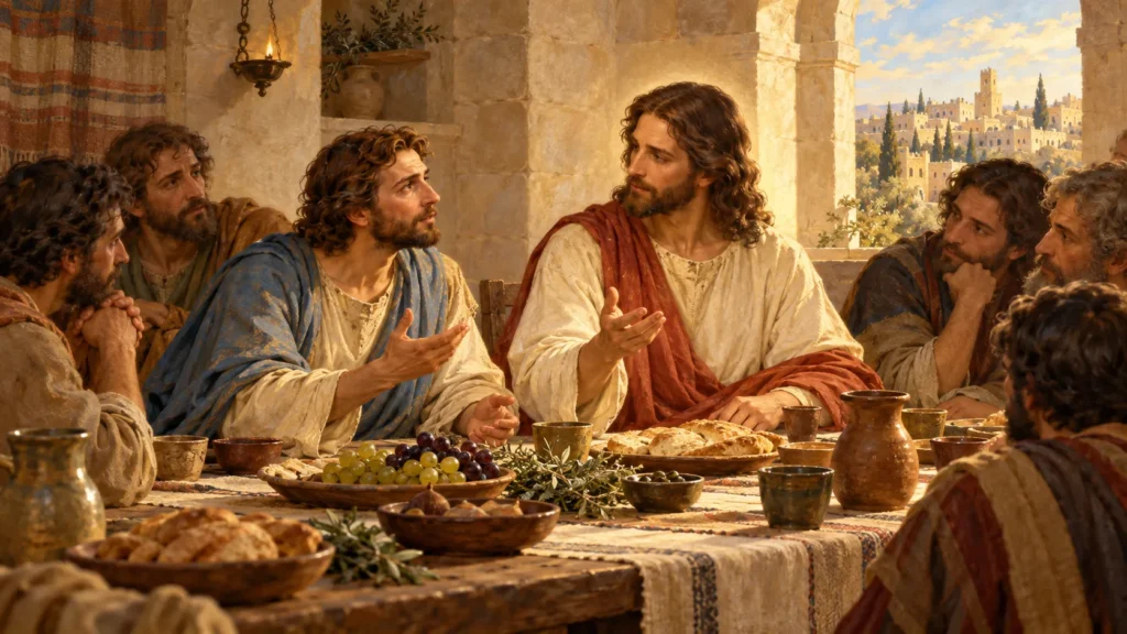 Judas Tadeu fazendo uma pergunta a Jesus durante a Última Ceia