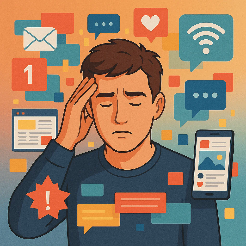 Desconexão da Realidade: Como a Tecnologia Está Mudando a Experiência Humana 2 Pessoa cercada por notificações e telas digitais