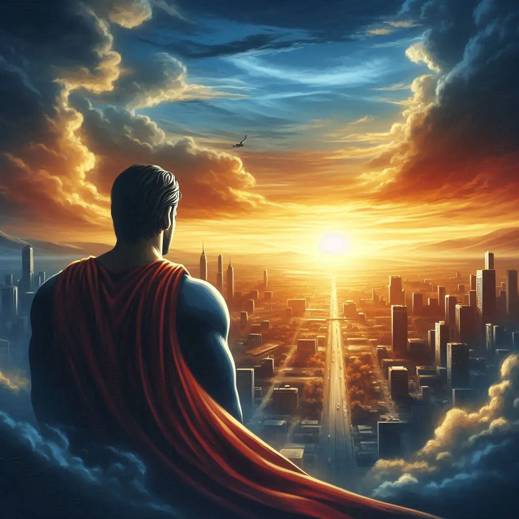 Superman olhando para o horizonte, com expressão serena.