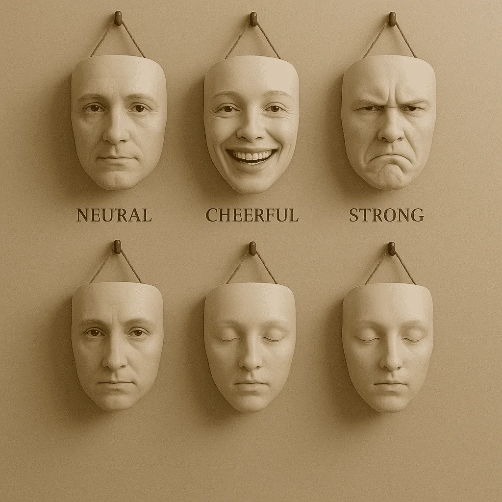 Diversas máscaras penduradas simbolizando papéis sociais