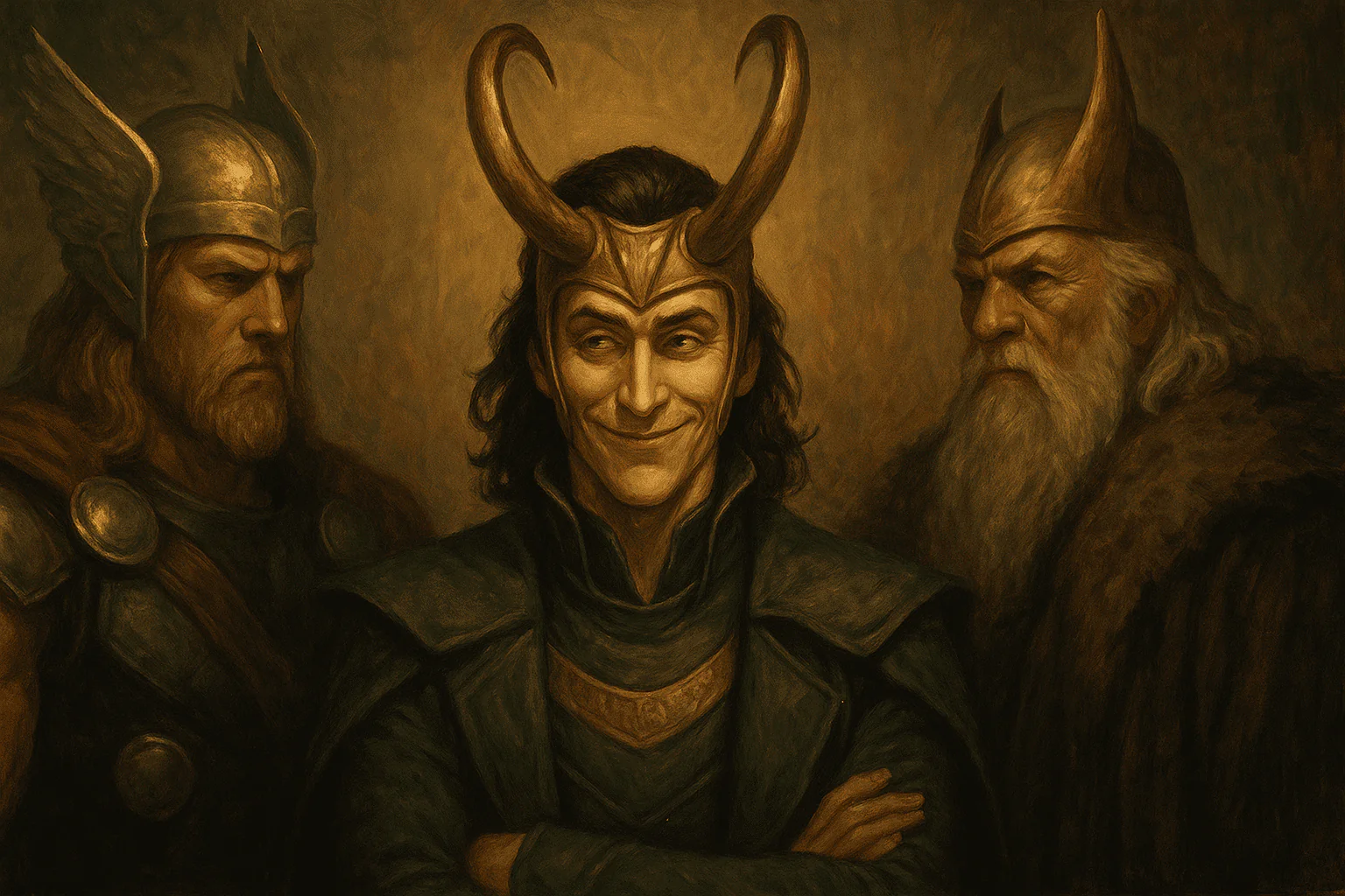 Loki sorrindo de forma astuta entre os deuses de Asgard